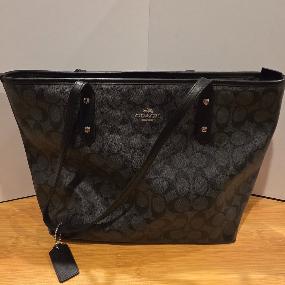 Coach Signature Canvas Leather City Tote in Black